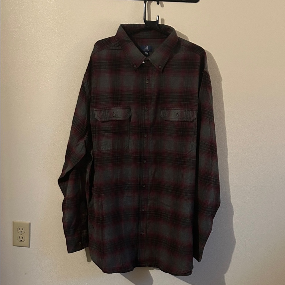 George Gray/Red Flannel Plaid Button-Up Chest Pockets 3XLT Shirt